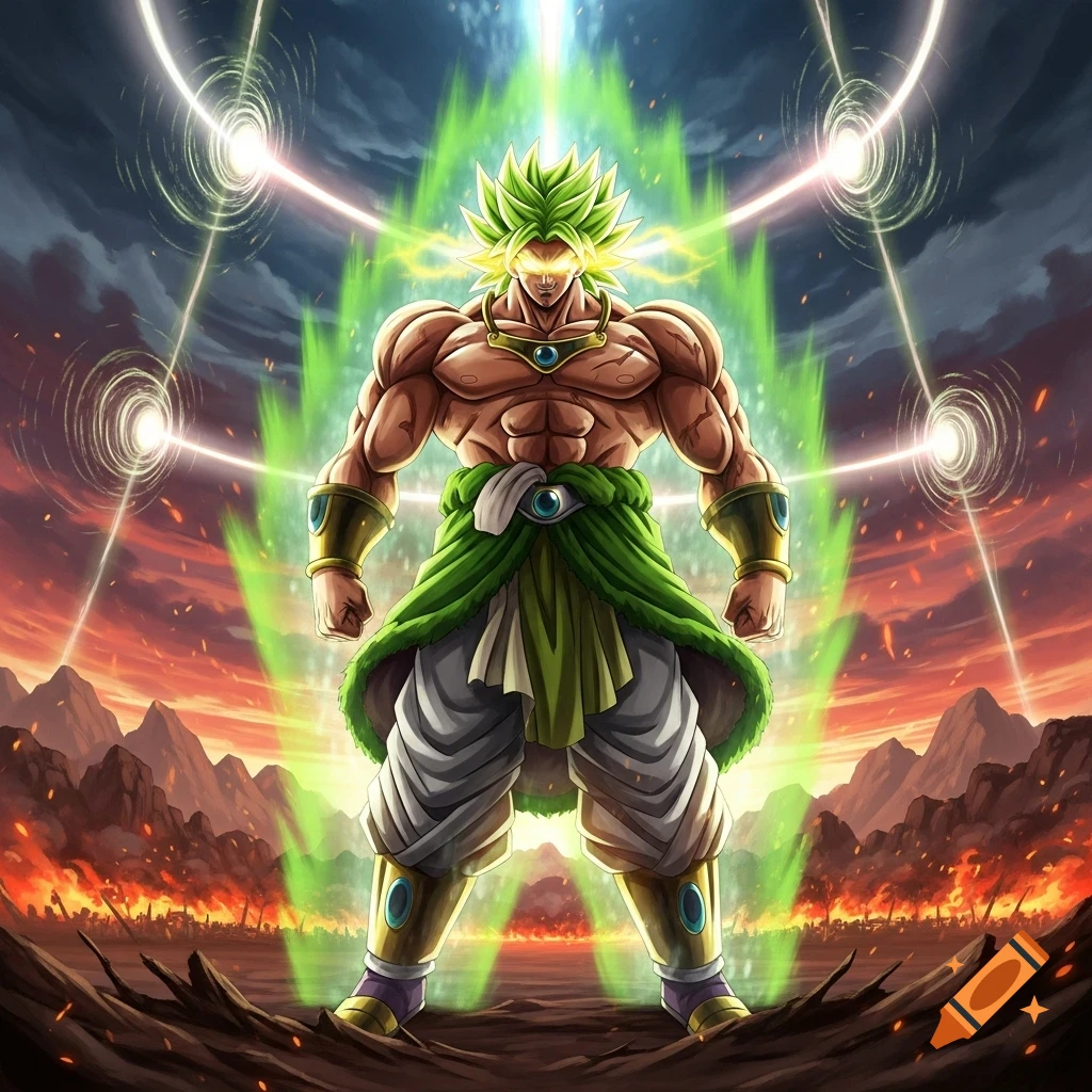 A muscular anime character with spiky green hair and a green aura stands powerfully over a burning landscape under a stormy sky.