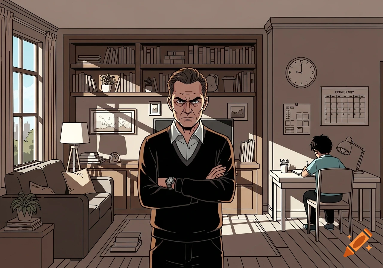 A stern man with crossed arms stands in a living room, looking towards the viewer, while a child studies at a desk in the background, illustrated in a cartoon style.