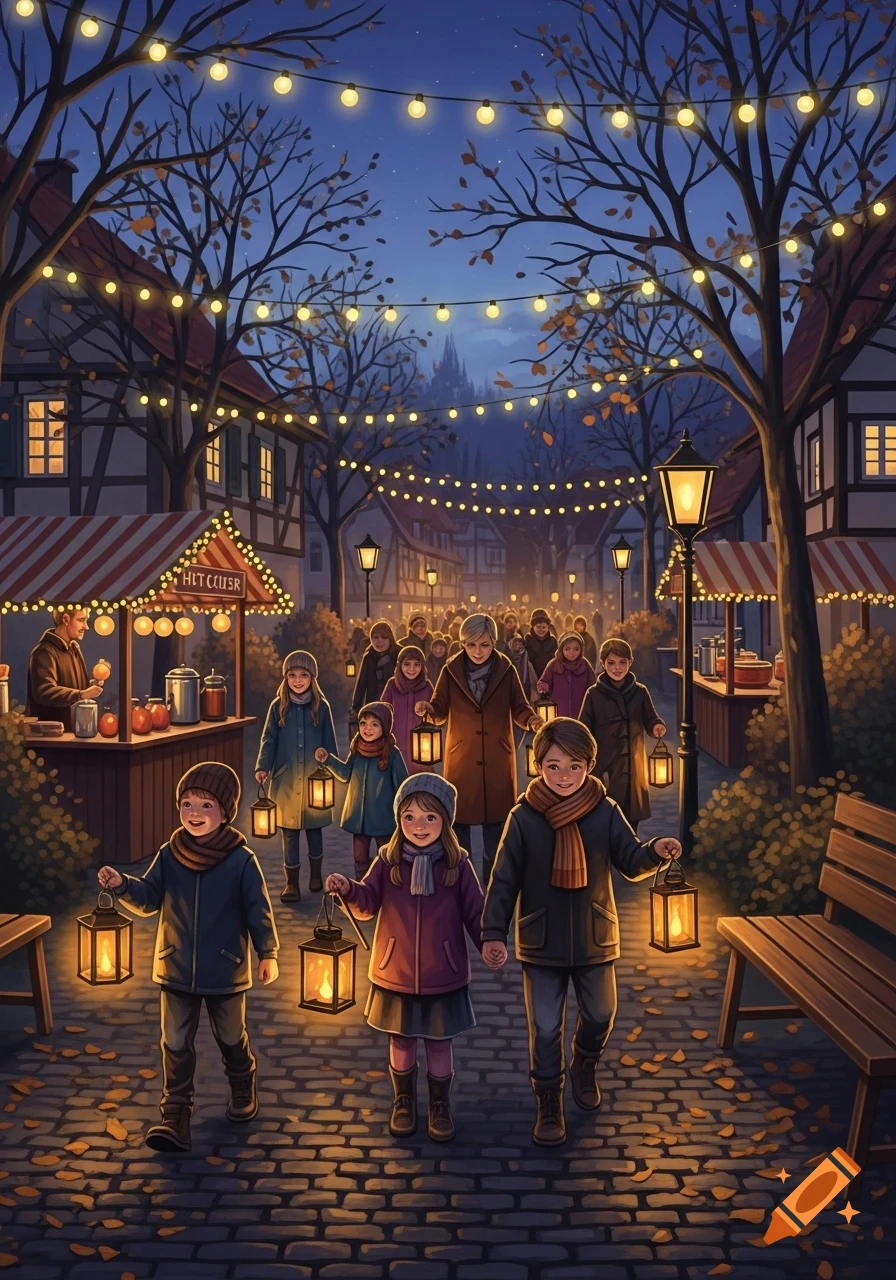 A festive night scene with children carrying glowing lanterns through a village street lined with market stalls and string lights.