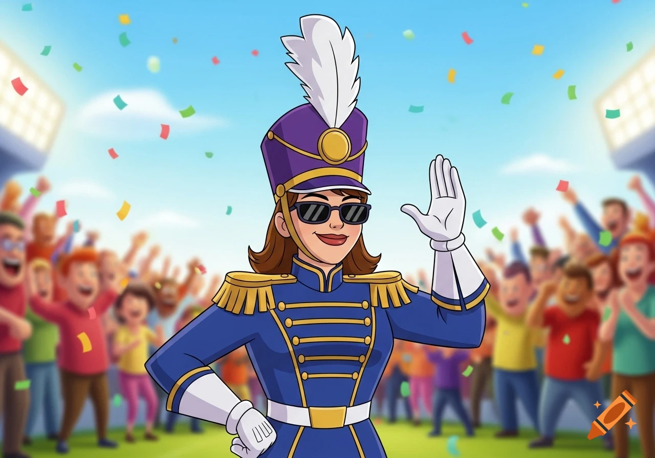 A cartoony woman in a blue marching band uniform with a purple shako and sunglasses waves to a cheering crowd with confetti.