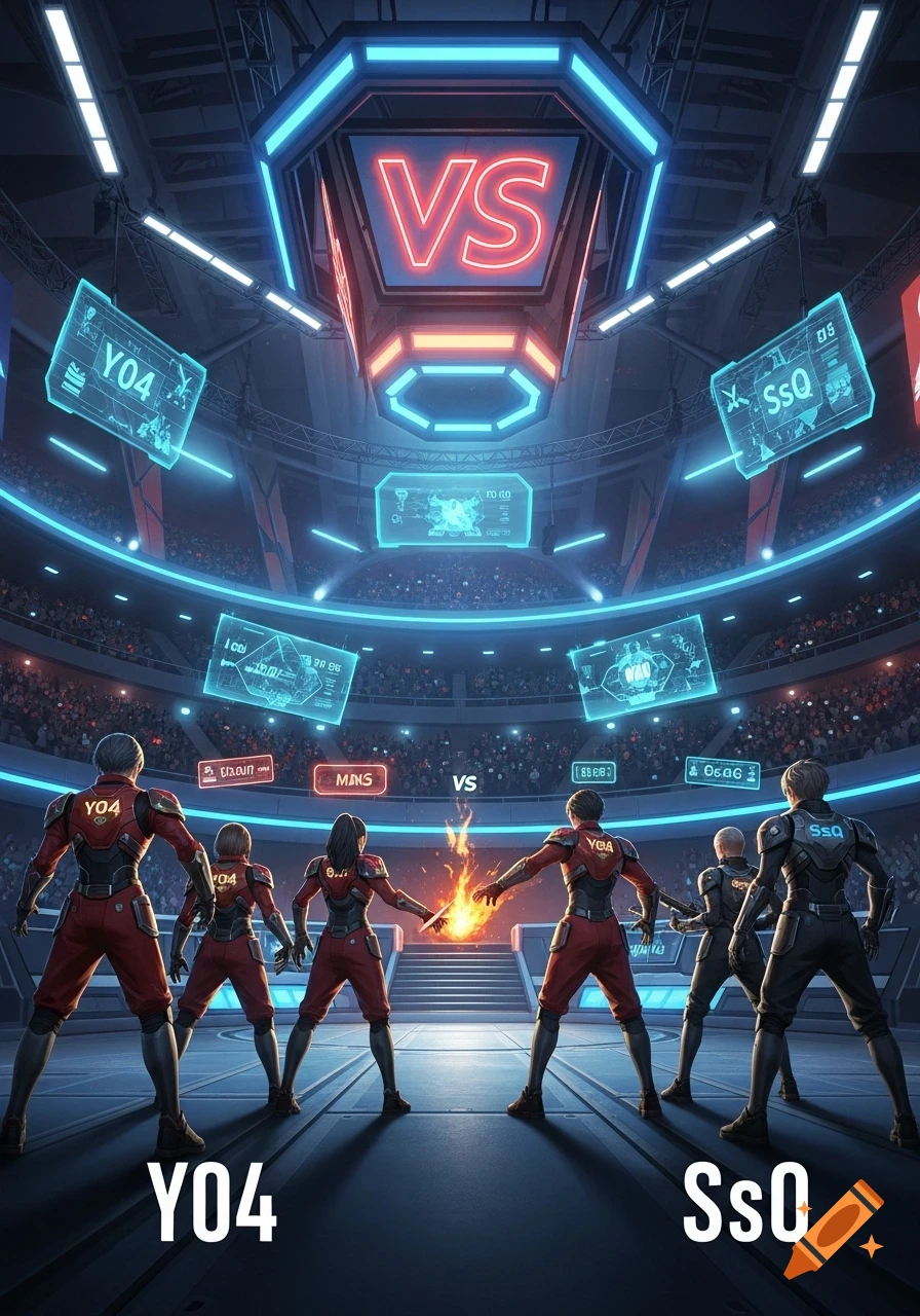A futuristic esports arena with two teams, Y04 (red uniforms) and SsQ (black uniforms), facing each other on a glowing platform with a fire effect in the middle. Holographic screens display team logos and abstract data, while a large overhead screen shows 'VS'.