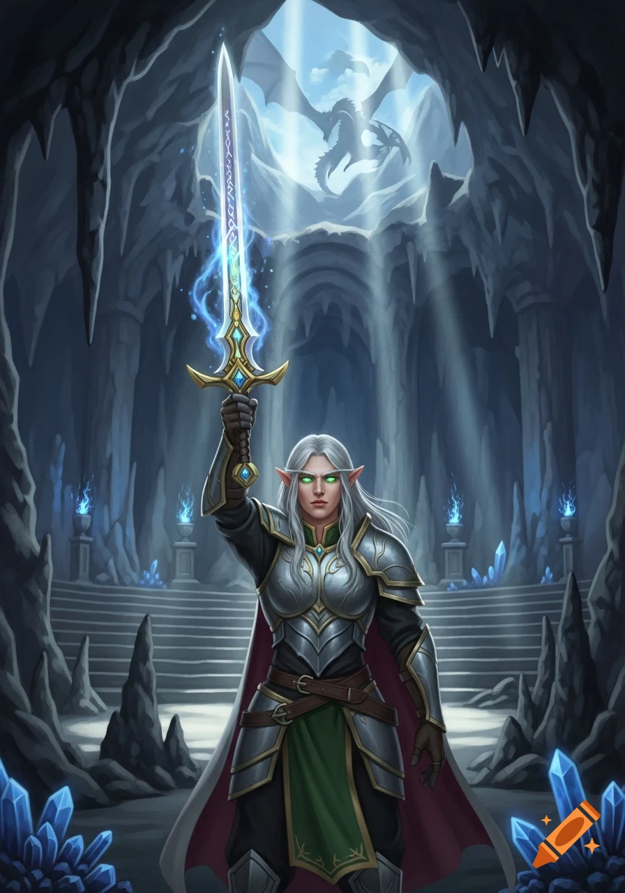 An elven warrior with long white hair and green eyes stands in a dark cave, holding a glowing magical sword triumphantly above her head. In the background, a dragon's silhouette is visible against a bright sky through an opening in the cave ceiling, with light rays shining down. Blue crystals dot the foreground.