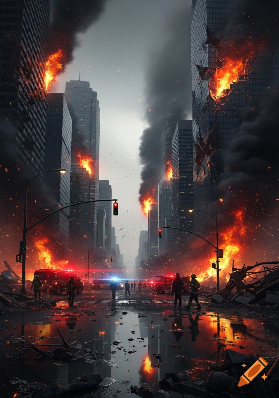 Photorealistic image of a city street engulfed in disaster with blazing skyscrapers, smoke, debris, emergency vehicles, and first responders.