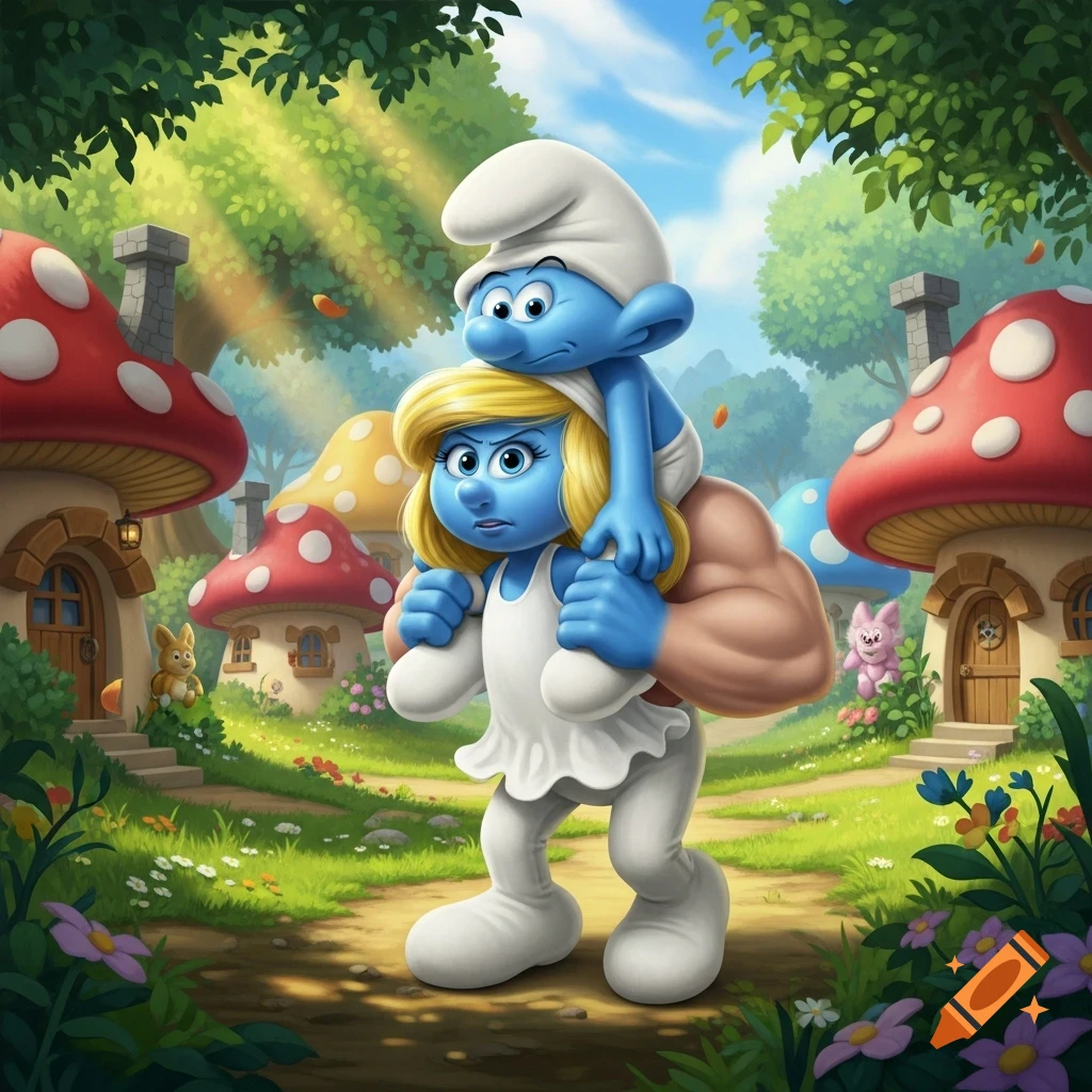 Smurfette with muscular arms struggles to carry Hefty Smurf on her shoulders through a vibrant, sunlit Smurf Village forest with mushroom houses.