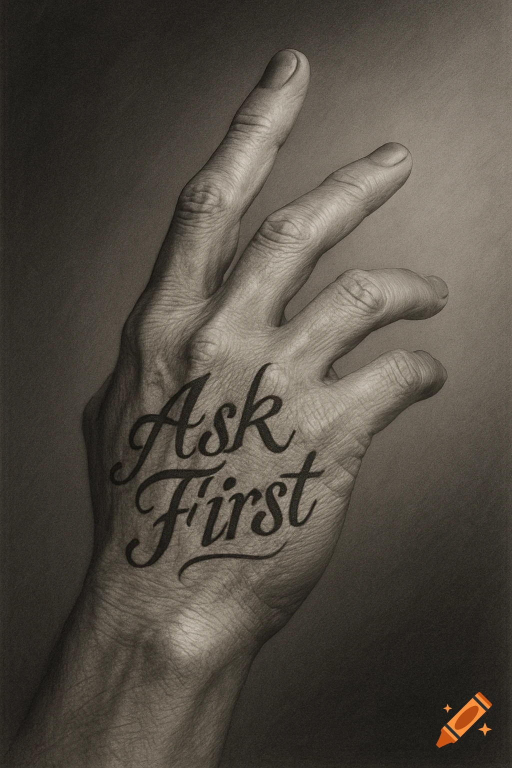 Monochrome charcoal drawing of a hand with the words 'Ask First' tattooed on the back.