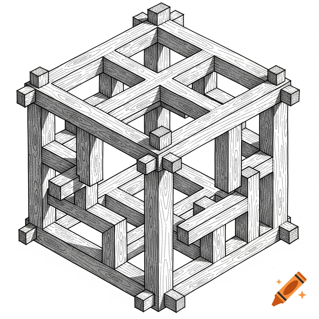 Black and white line drawing of an M.C. Escher-style impossible wooden cube structure with intricate joinery.