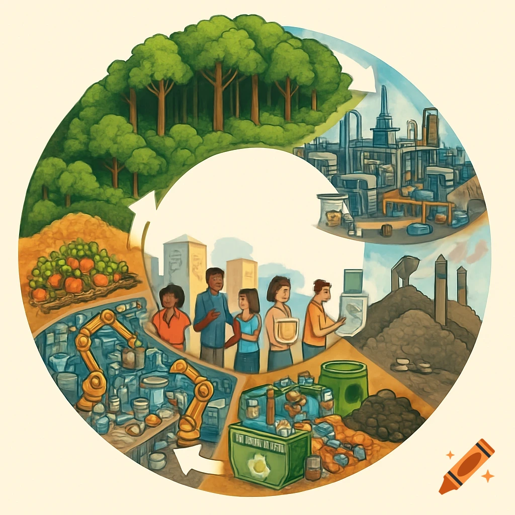 A circular diagram illustration depicting natural resource extraction, manufacturing, consumption, and disposal with recycling and composting.