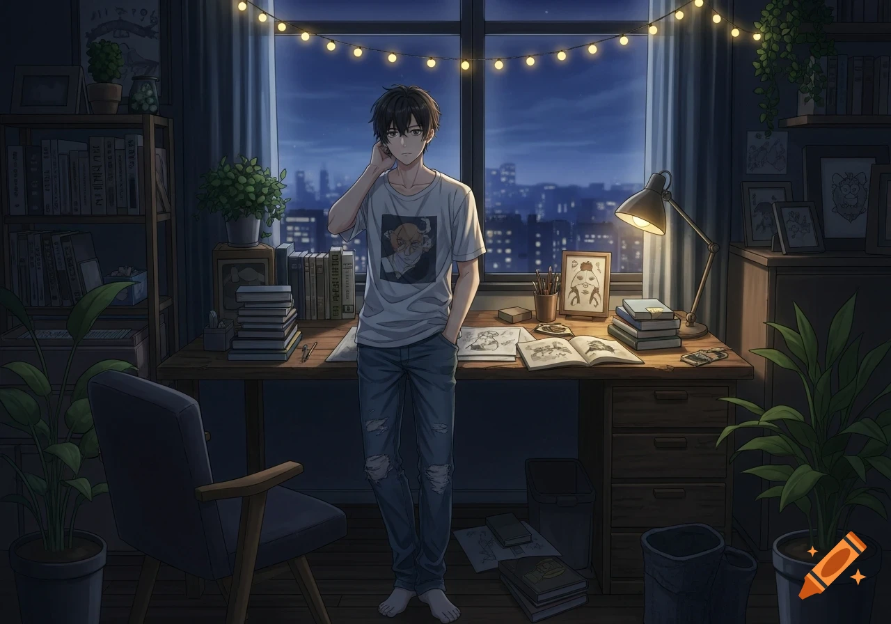 An anime guy stands in his dark room at night, with a city skyline visible through the window. He has one hand to his neck, the other in his pocket. A desk with books and drawings is in front of him.