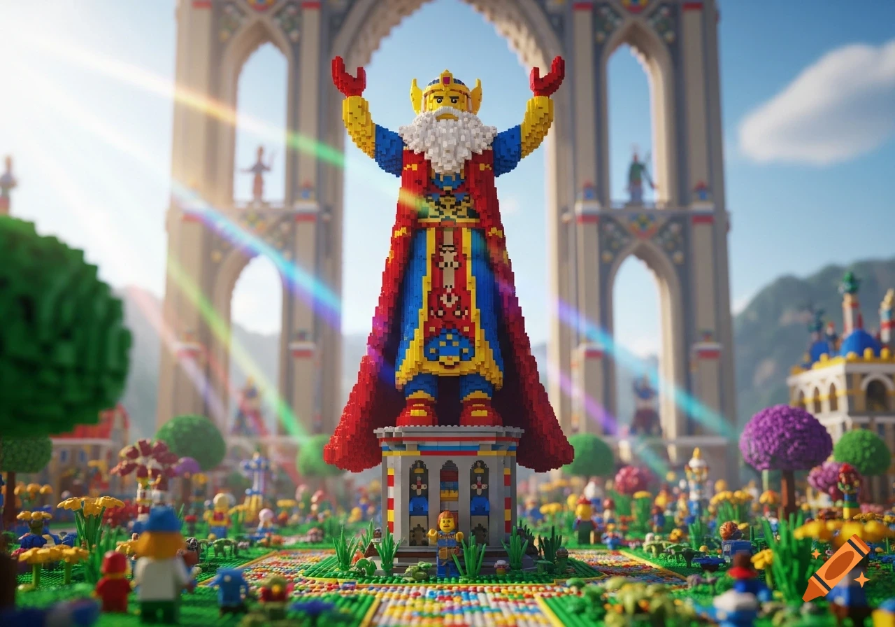 Giant Lego statue of a crowned king with raised arms in a colorful Lego kingdom, bathed in sunlight with rainbow lens flares.