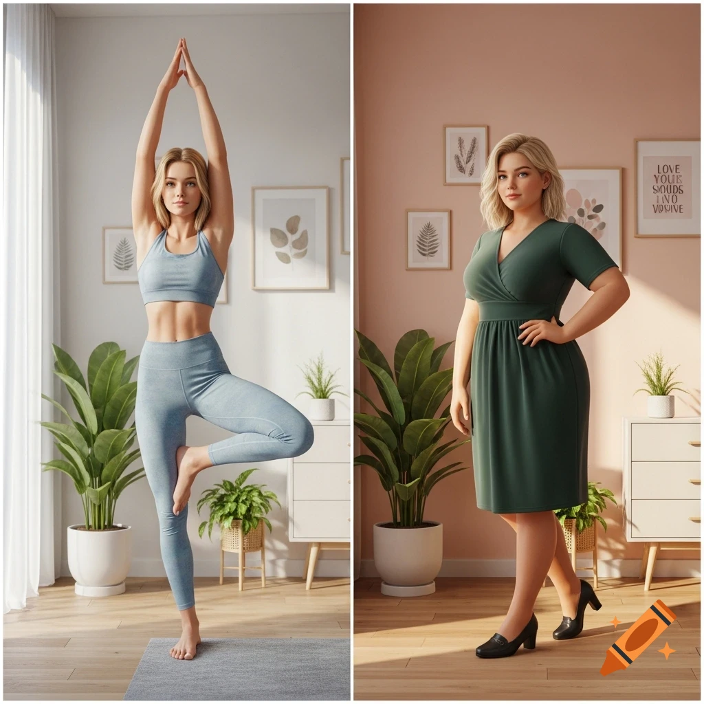 A split image showing two blonde women, one slender in yoga attire, one curvier in a green dress, in sunlit rooms.
