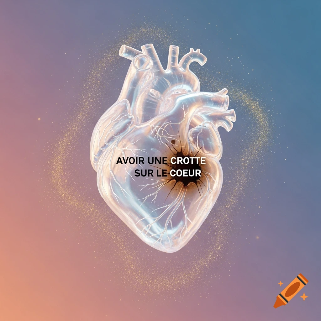 A translucent, glowing human heart with a dark, cracked spot in its center, surrounded by golden particles against a blue and orange gradient background. French text 'AVOIR UNE CROTTE SUR LE COEUR' is superimposed on the heart.