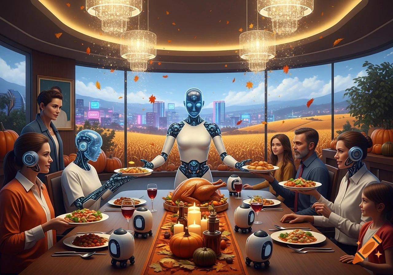 A family, some human and some cyborg, gathered around a lavish Thanksgiving dinner table with a robot serving food, overlooking a futuristic city and golden fields.
