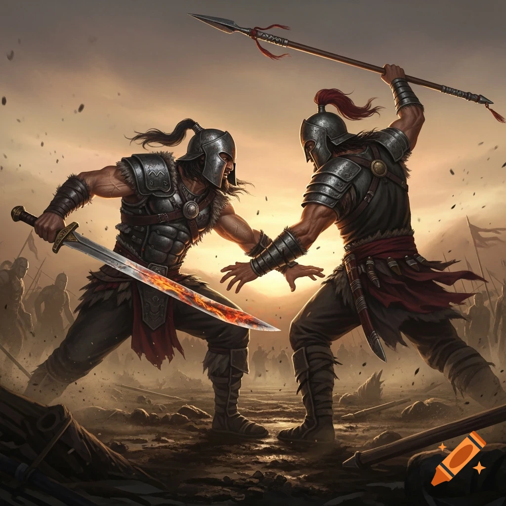 Two armored warriors clash on a dusty battlefield, one with a flaming sword and the other with a spear, under an orange sky.