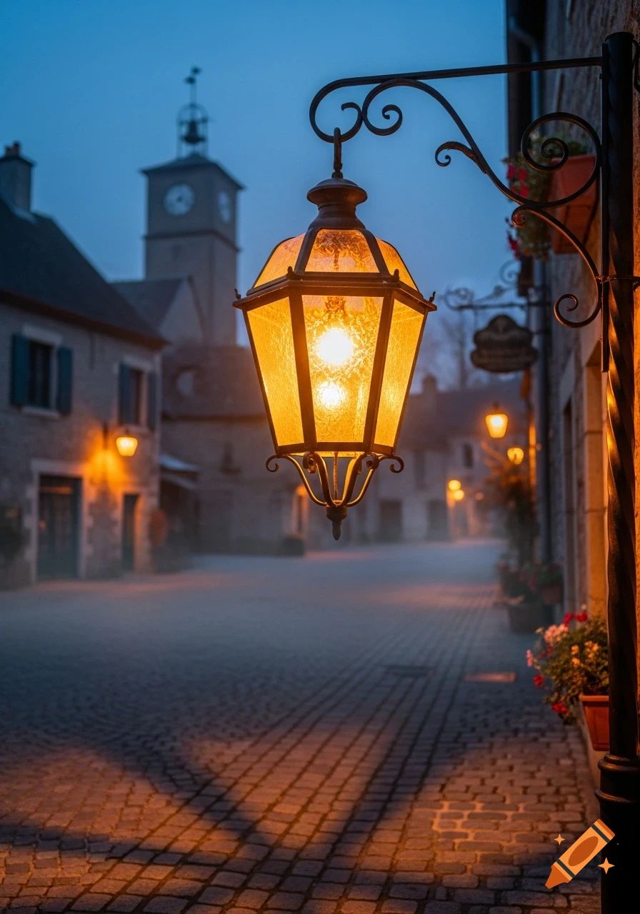 A glowing vintage street lamp illuminates a foggy cobblestone street in an old European town at dusk, with a clock tower.