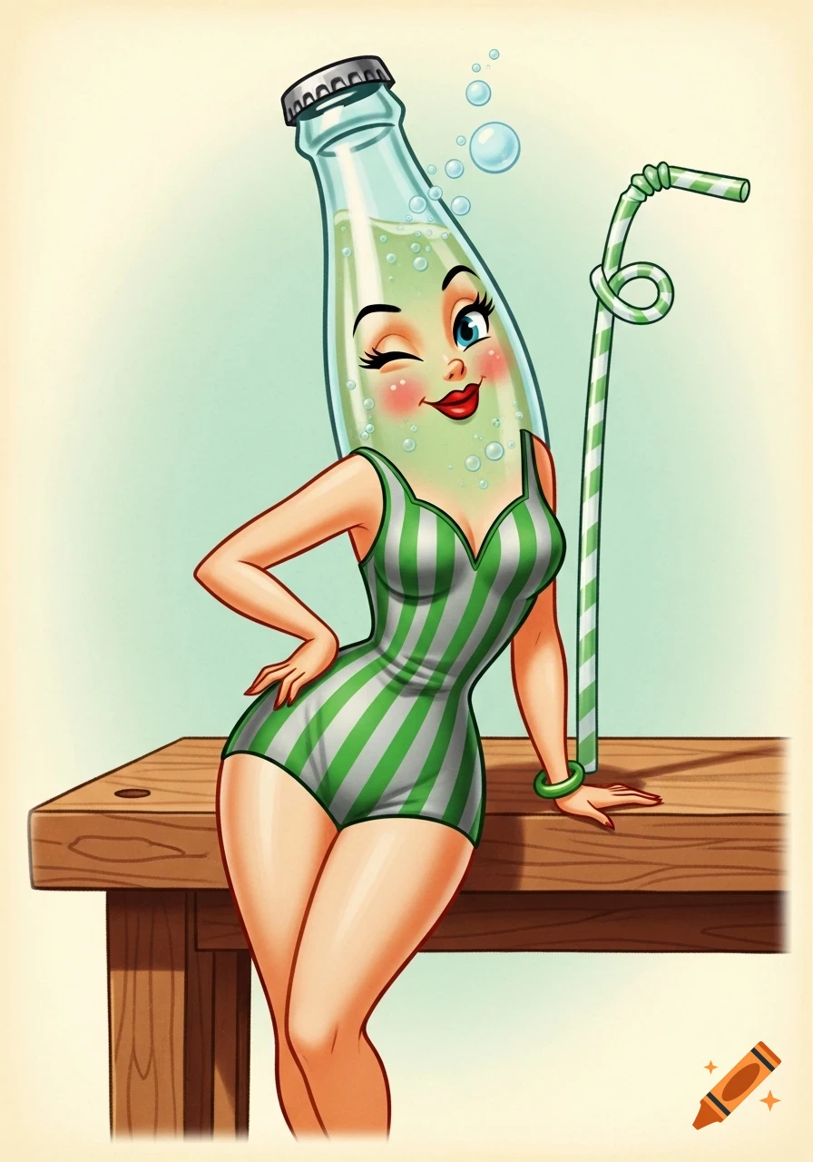 A curvy, winking glass bottle with an animated face, wearing a green-and-silver striped swimsuit, leans on a wooden workbench in a 1950s pin-up illustration style.