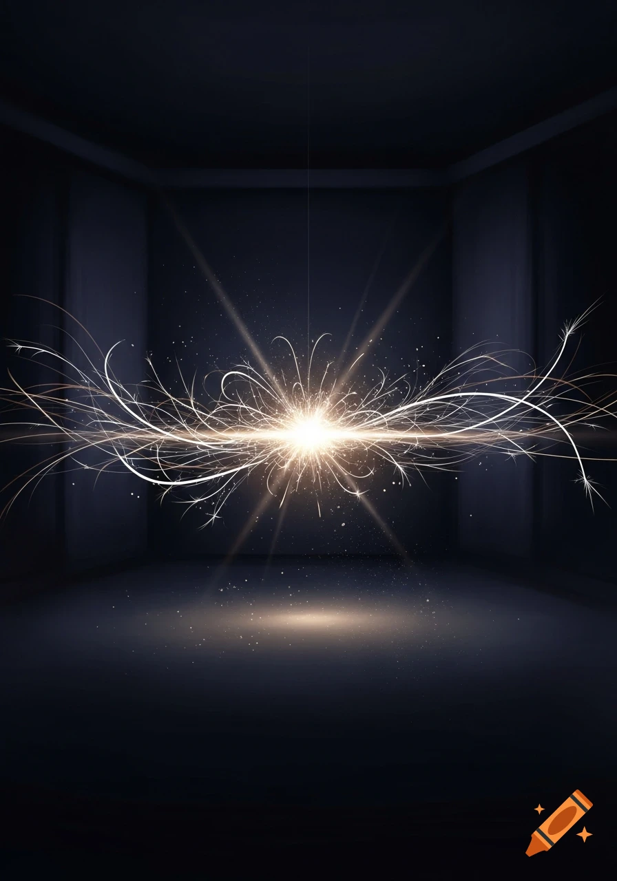 A bright, glowing spark emits curved lines of light and particles in a dark, minimalist room.