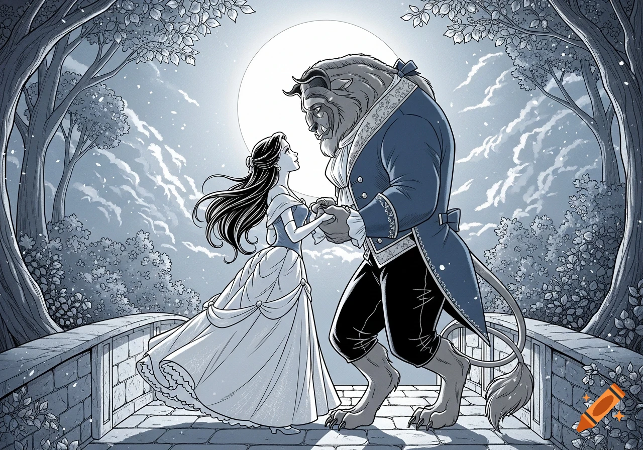 Manga-style illustration of Belle and the Beast holding hands on a stone bridge under a full moon, in blue and white.
