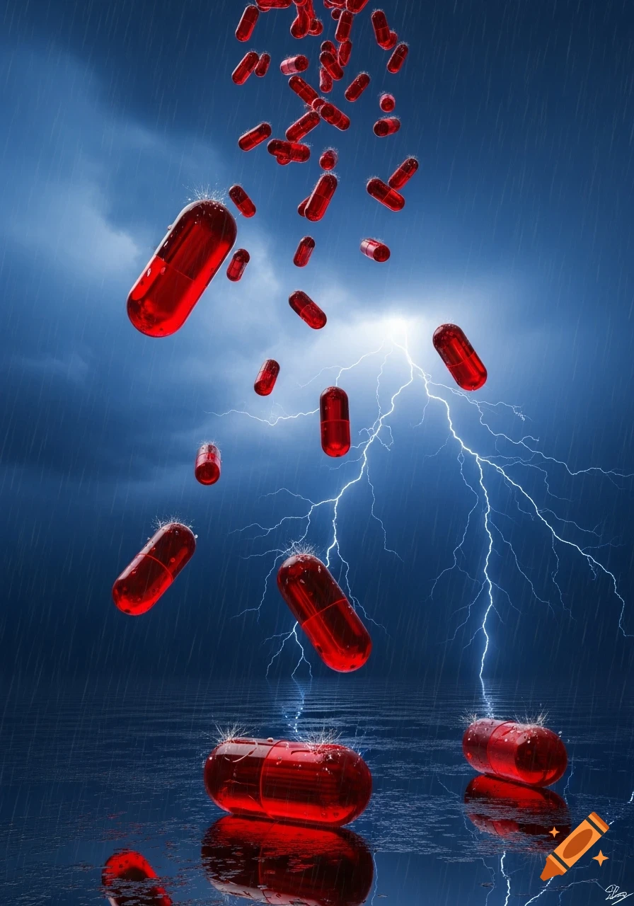 Red pill capsules rain from a dark, stormy sky with lightning, reflecting in the water below.