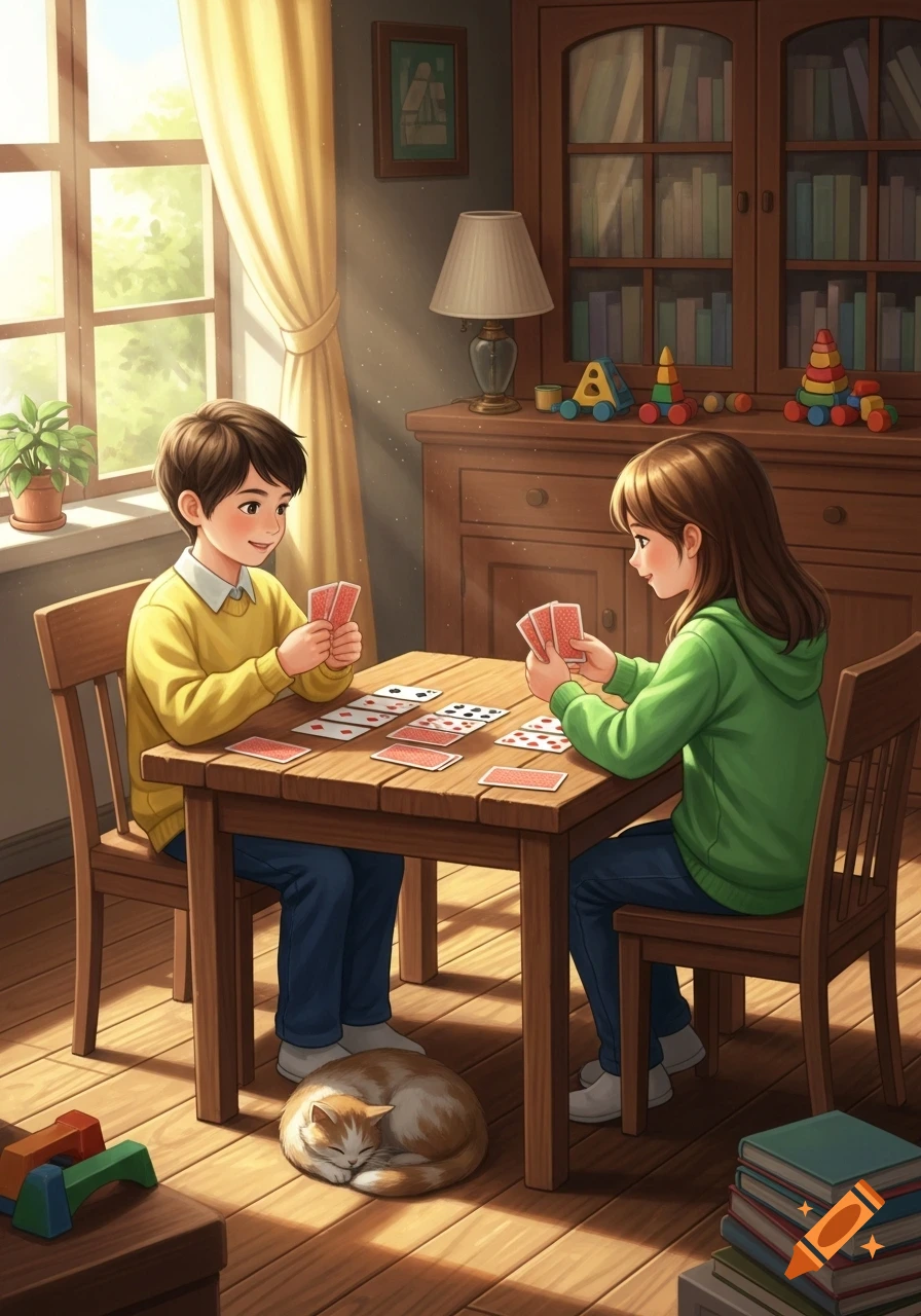 Two children play a card game at a wooden table in a sunlit room, with a sleeping cat underneath. Cartoon style.
