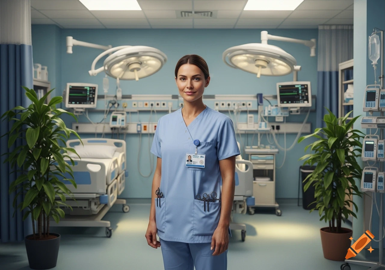 Photorealistic portrait of a female nurse in blue scrubs standing in a hospital room with medical equipment and plants.