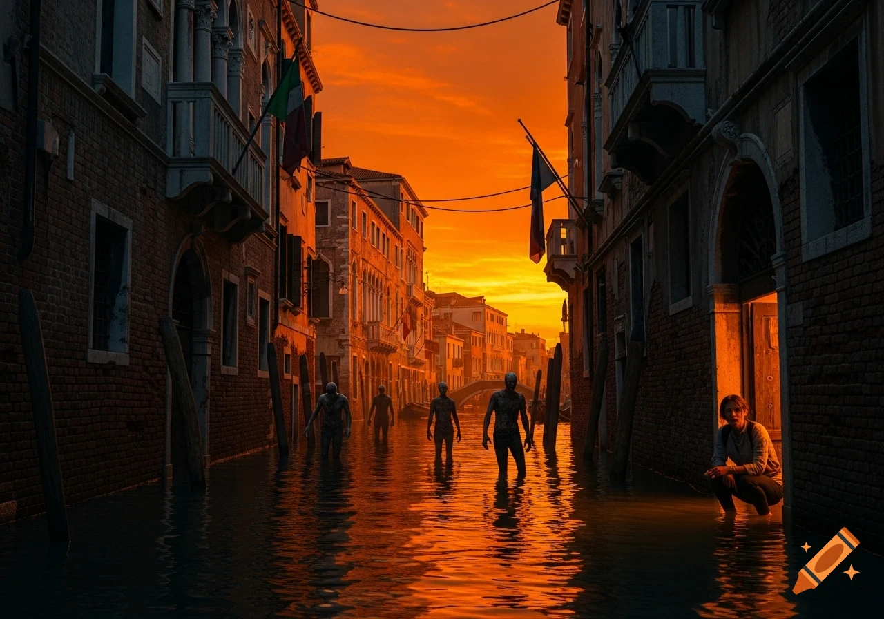 Zombies wade through a flooded Venetian canal at orange sunset while a person hides in a dark doorway.