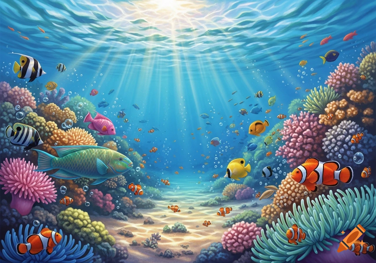 Vibrant underwater scene with colorful tropical fish swimming among diverse coral and anemones, with sunlight rays filtering from above.