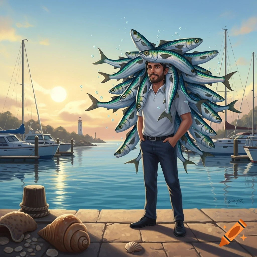 A man with a "mullet" haircut made of fish stands on a dock at a harbor with boats and a lighthouse at sunset, in an illustrative style.