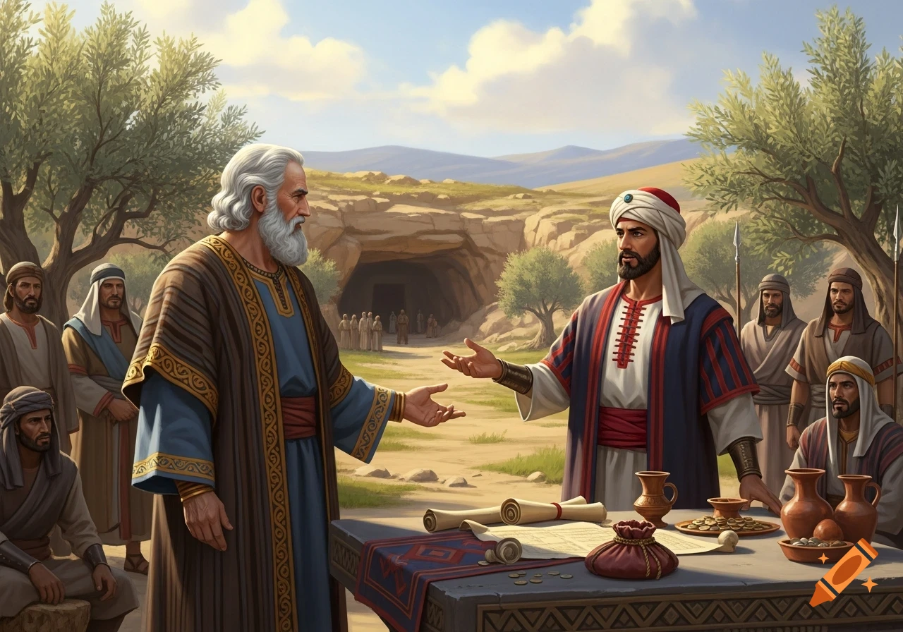 An illustrated scene depicts two ancient men in robes gesturing across a table laden with scrolls and coins, set in a desert landscape with a cave.