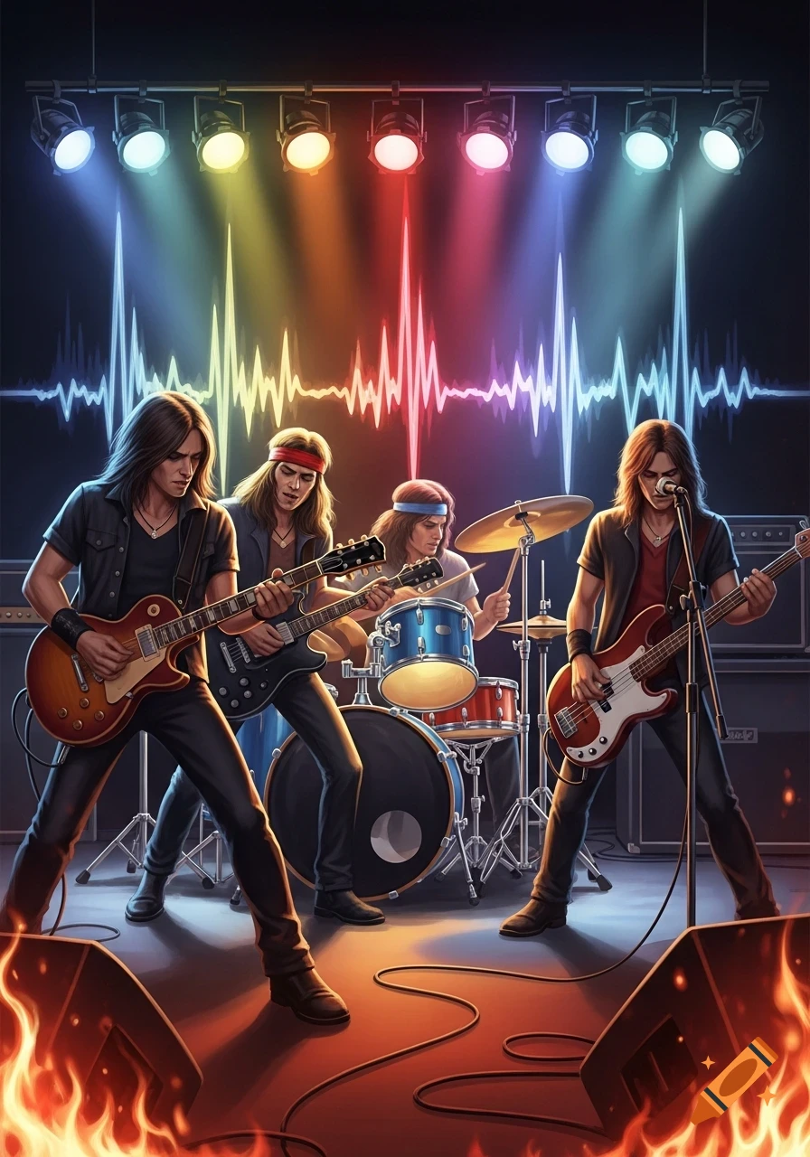 A rock band with four members performing on stage under colorful spotlights, with a sound wave graphic in the background and stage monitors with flames.