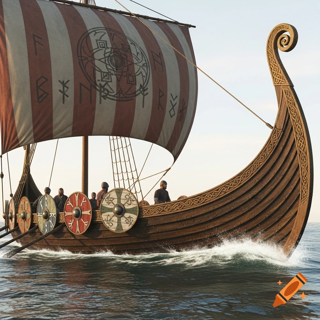 A detailed side view of a Viking longship with a striped sail, five round shields, and crew members, sailing on calm water.