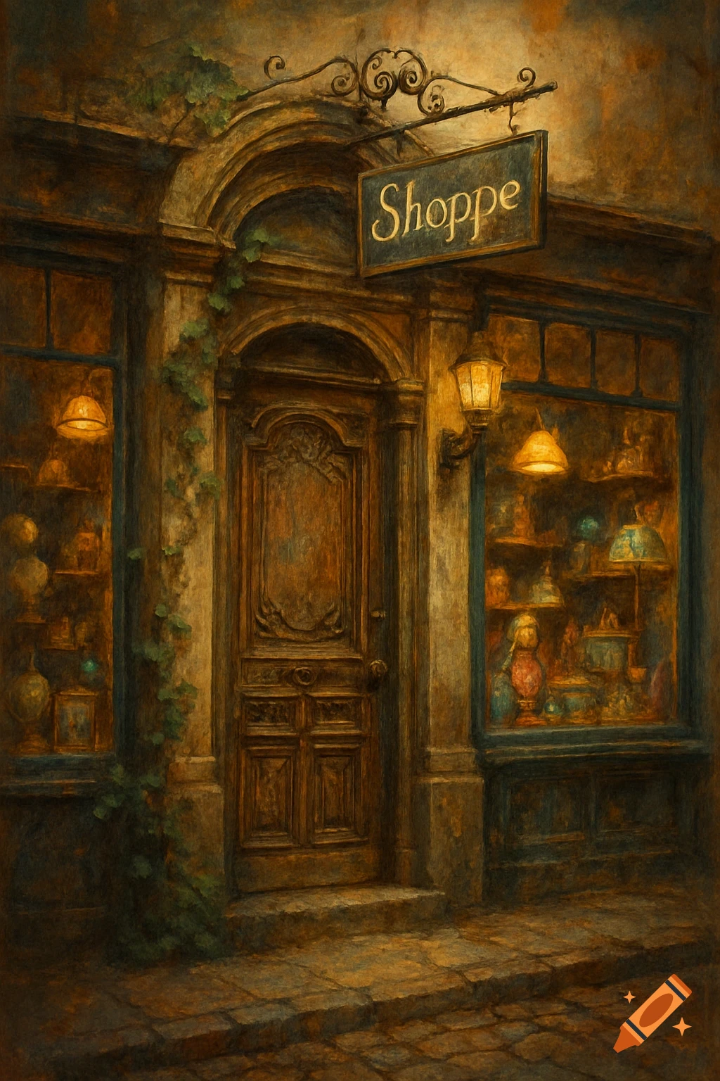 A vintage shop storefront at night, with a 'Shoppe' sign above a wooden door and items displayed in illuminated windows, rendered in a painterly style.