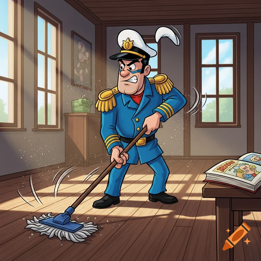 A cartoon captain in a blue uniform and hat diligently mops a wooden floor in a sunlit room, with a comic book on a table.