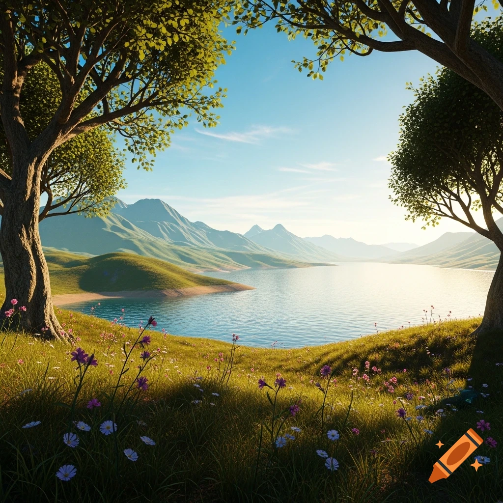 A serene landscape featuring a placid lake reflecting a bright sky, surrounded by rolling green hills and mountains. Two large trees frame the foreground, with wildflowers scattered in the grassy slopes.