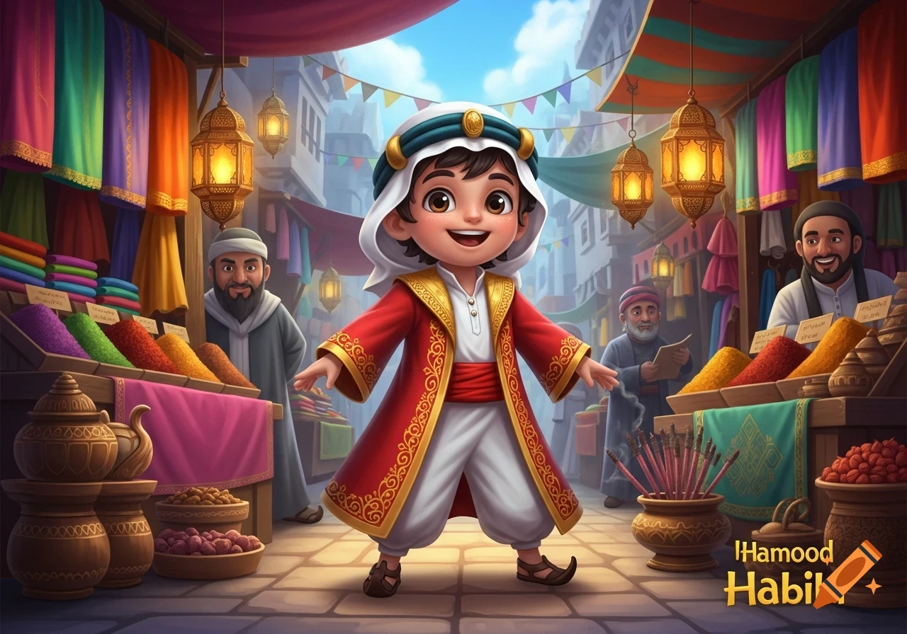 A happy cartoon child in a red and gold robe stands in a vibrant Middle Eastern marketplace with spices and lanterns.