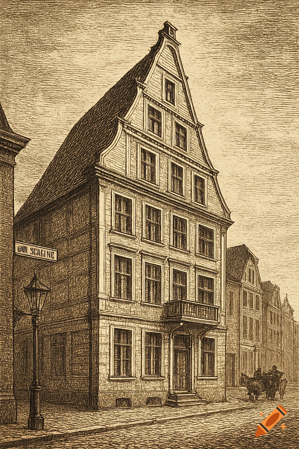 Sepia-toned engraving of a tall, gabled historical building on a cobblestone street, with a street lamp and a distant horse-drawn carriage.