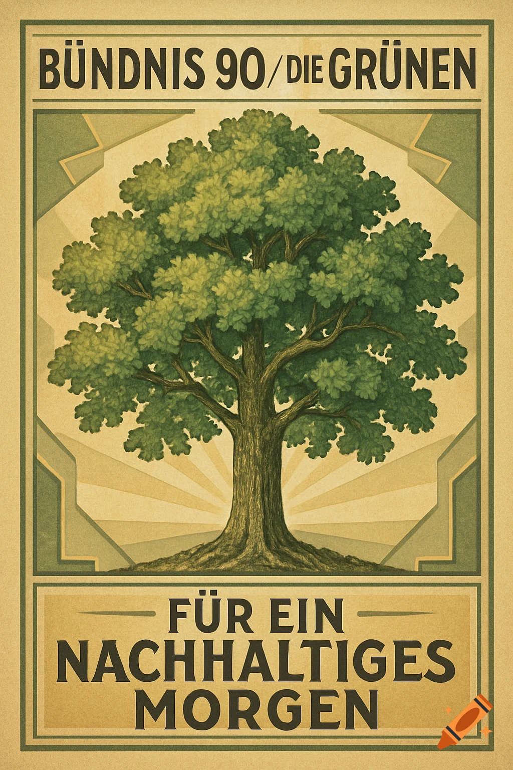 Vintage political poster for 'Bündnis 90/Die Grünen' with a large green tree and 'For a Sustainable Tomorrow' text.