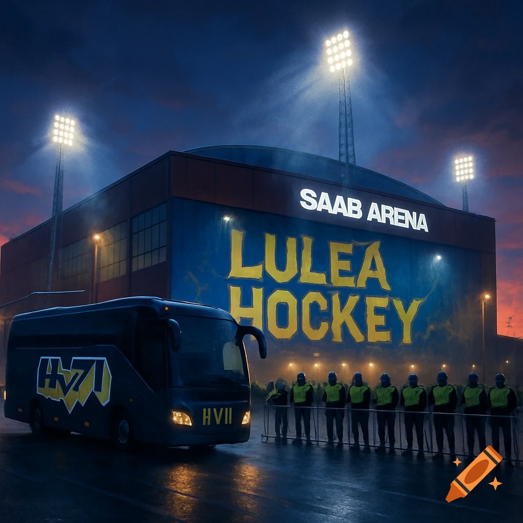 A dark blue bus with 'HV71' parked in front of 'SAAB ARENA' with 'LULEA HOCKEY' scrawled on its blue wall, under stadium lights.