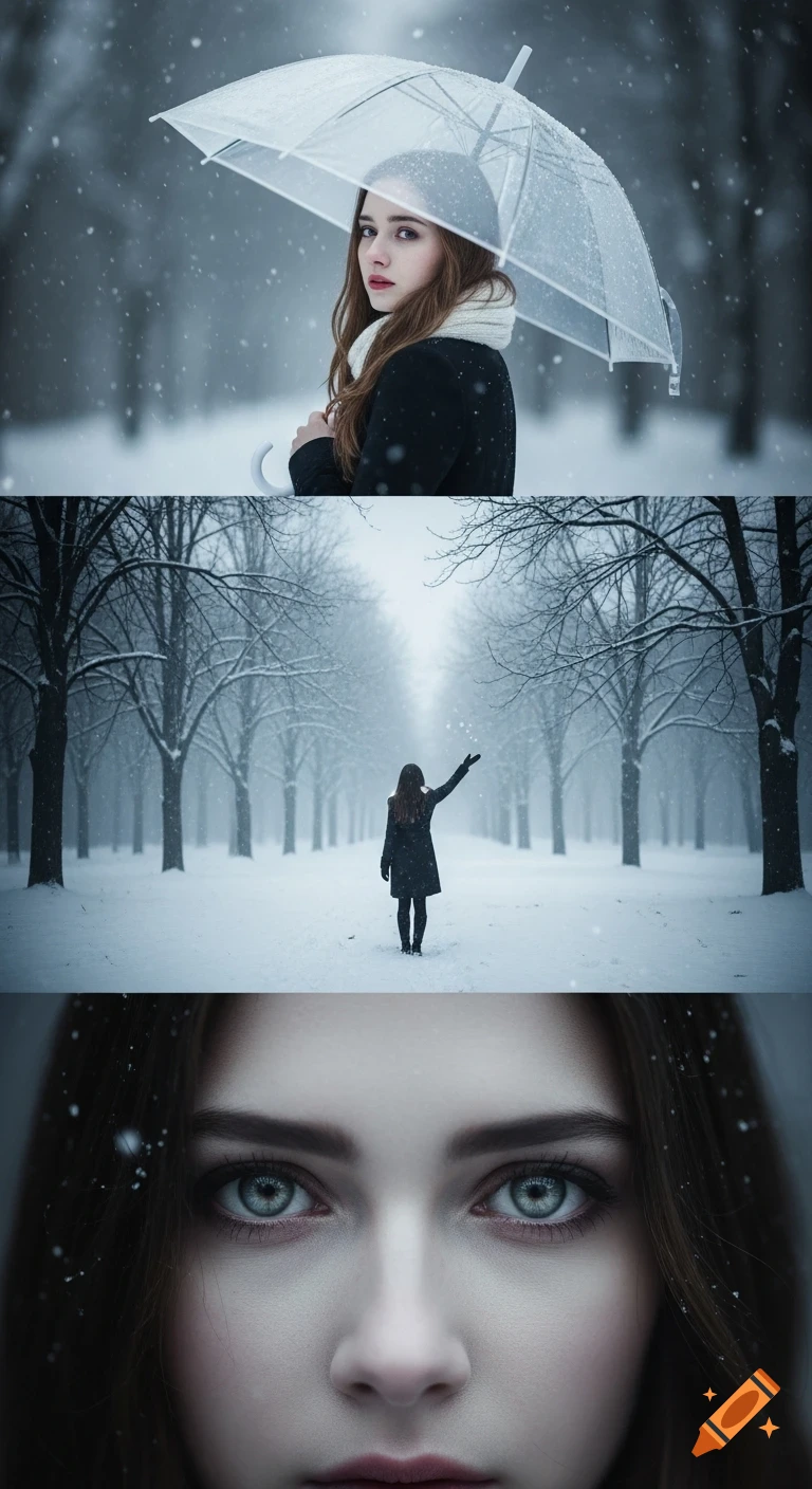 Photorealistic triptych of a melancholic woman in a snowy winter scene. Includes her with an umbrella, standing in a field, and a close-up of her eyes.