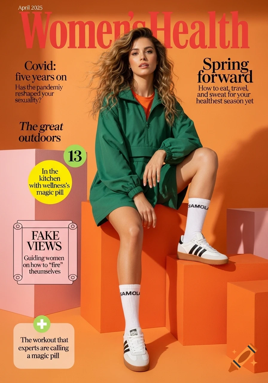 A woman with wavy blonde hair wearing a green windbreaker and white sneakers sits on orange blocks on a "Women's Health" magazine cover.
