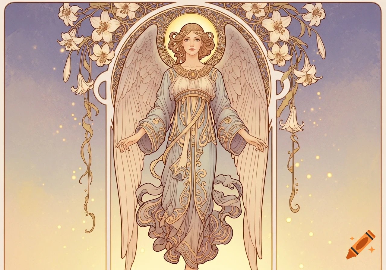 An Art Nouveau illustration of an angel with large wings, a halo, and a flowing gown, surrounded by lilies against a gradient sky.