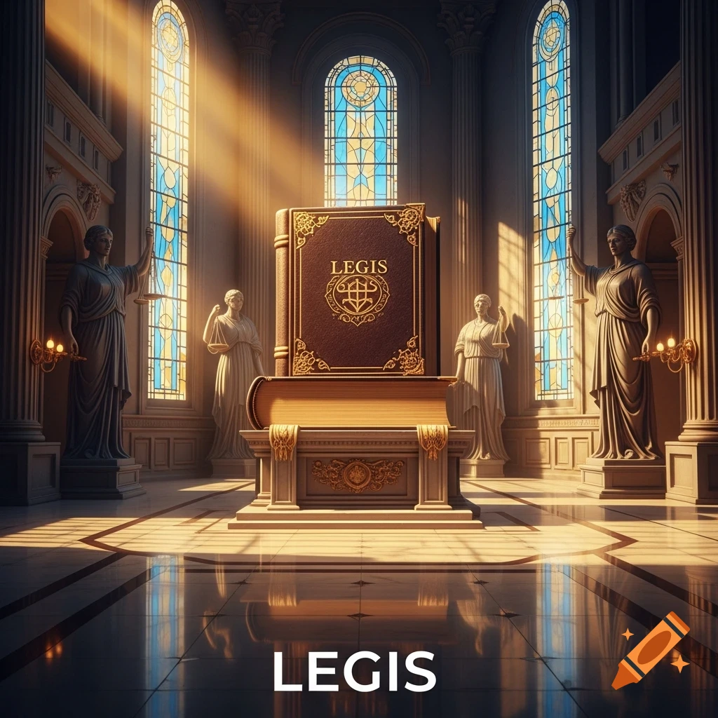 A grand hall with stained-glass windows, a large book titled 'LEGIS' on a pedestal, and statues of robed figures.