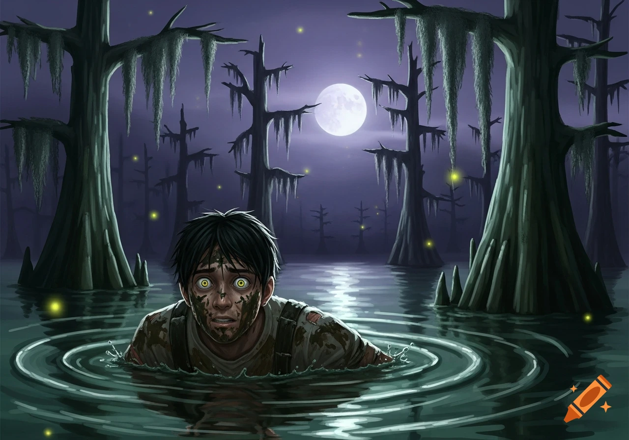 Scared boy with glowing eyes, covered in mud, emerges from dark water in a moonlit swamp with cypress trees and fireflies.