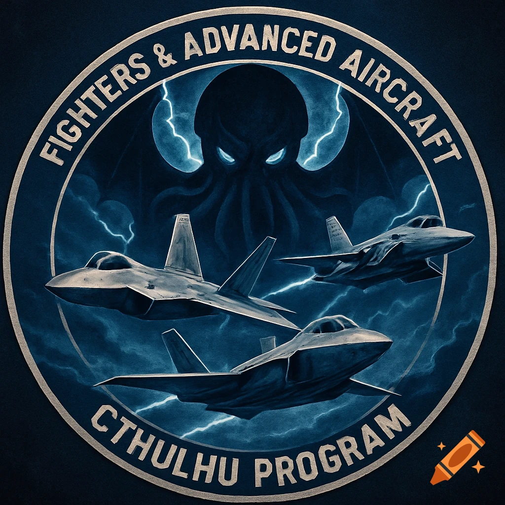 A circular military-style patch featuring three fighter jets, a stormy sky, a Cthulhu-like creature, and text 'FIGHTERS & ADVANCED AIRCRAFT CTHULHU PROGRAM'.