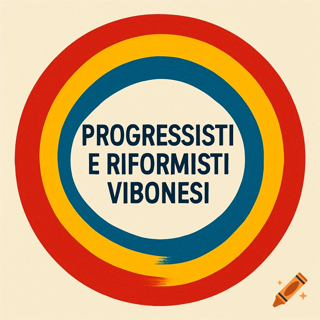 A logo featuring concentric red, yellow, and blue brushstroke circles with the Italian text 'PROGRESSISTI E RIFORMISTI VIBONESI' in the center.