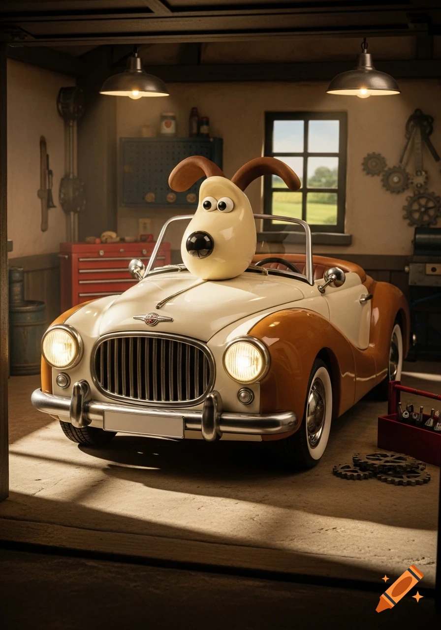 Gromit's head serves as the body of a vintage cream and orange convertible car parked in a detailed garage.