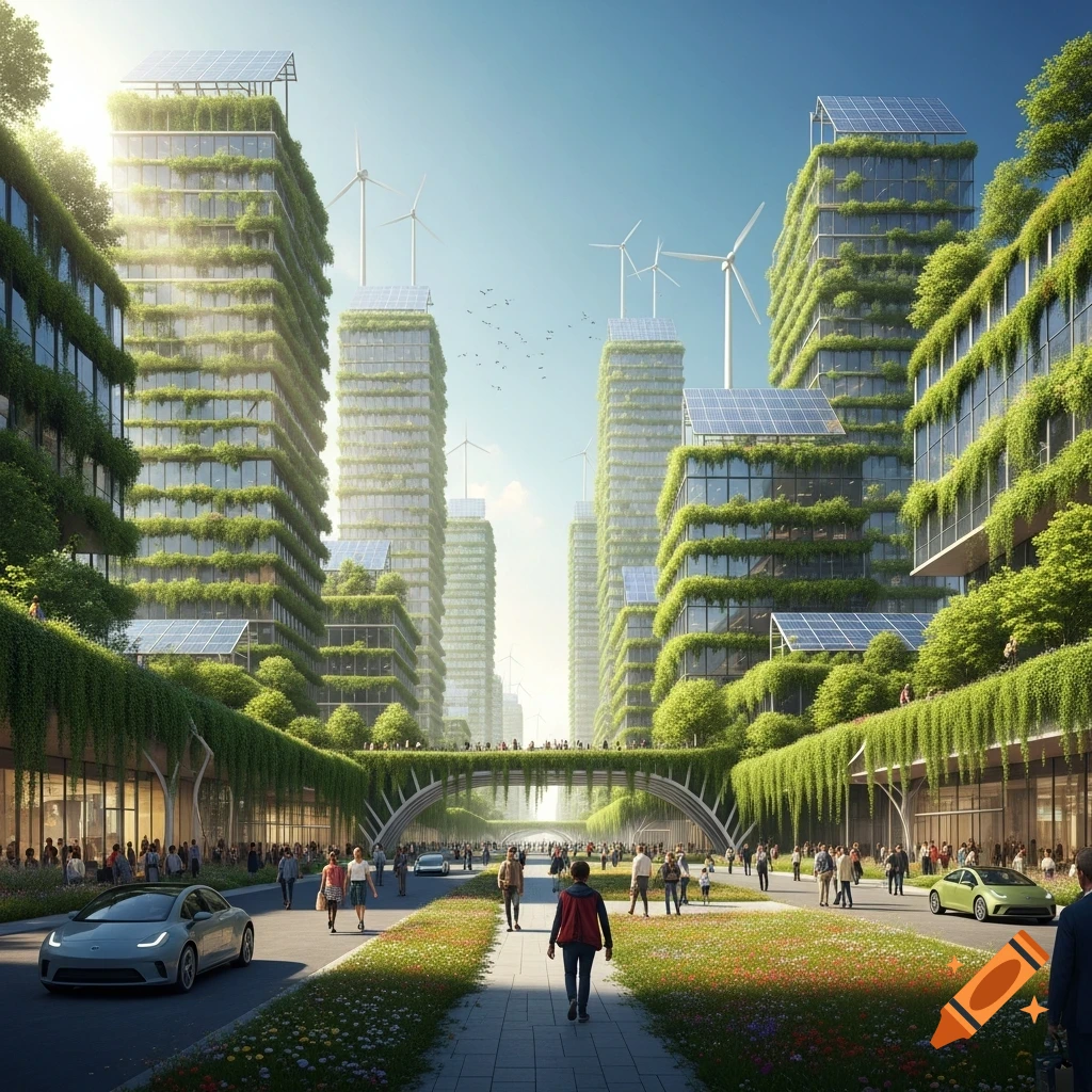 A vibrant, photorealistic future city with tall buildings draped in greenery, solar panels, and wind turbines. Pedestrians walk on tree-lined streets with electric cars.