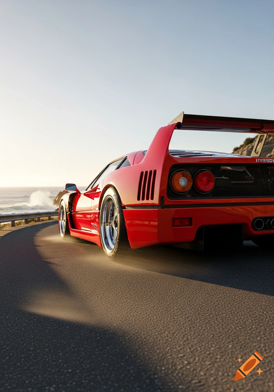 A photorealistic red Ferrari F40 drives on a coastal road overlooking the ocean under a clear sky.