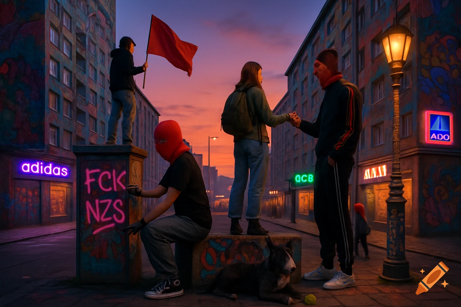 A street scene at sunset with graffiti-covered buildings and neon signs. Figures in balaclavas gather; one sprays 'FCK NZS' on a box, another holds a red flag.