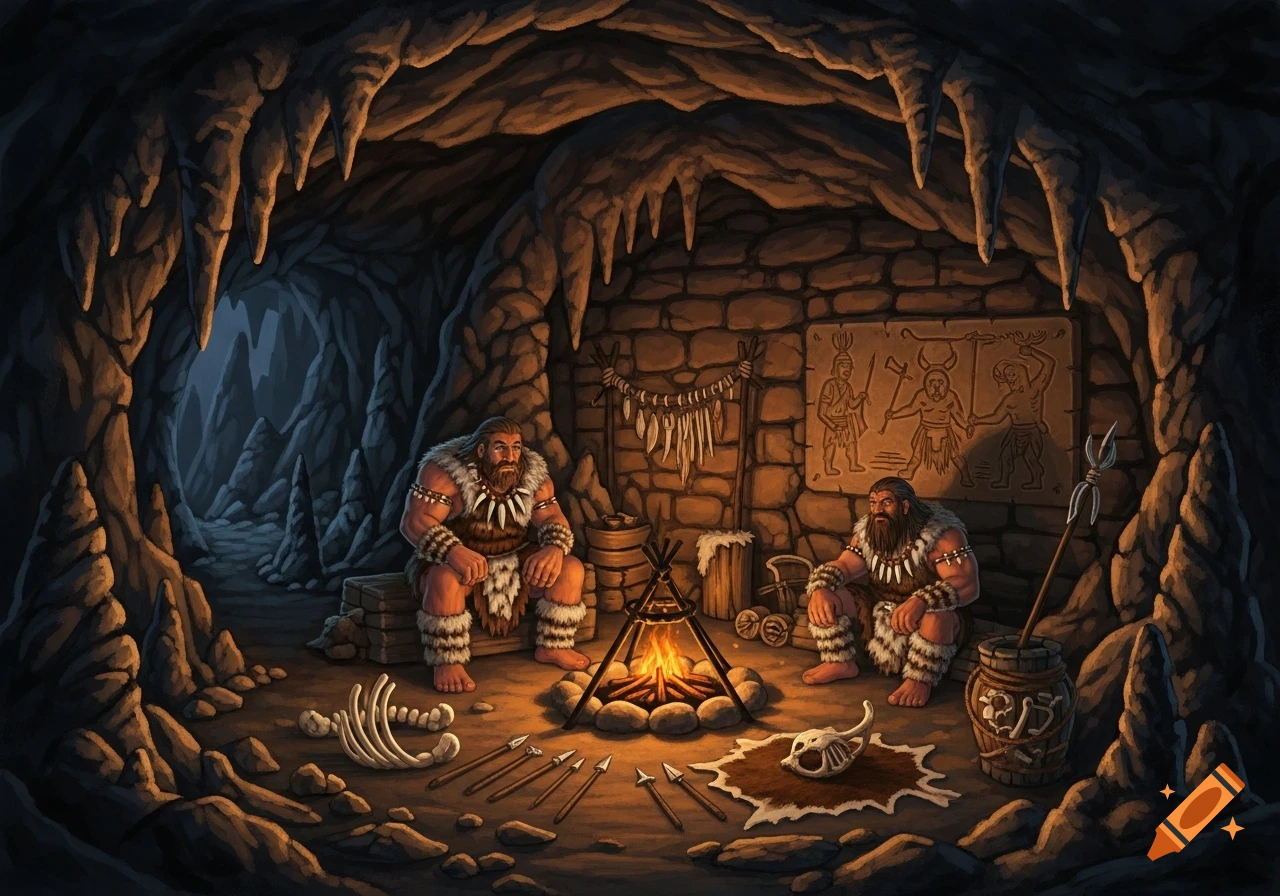 Two cavemen with beards and fur clothing sit by a campfire inside a dark cave, surrounded by primitive tools, bones, and cave paintings.