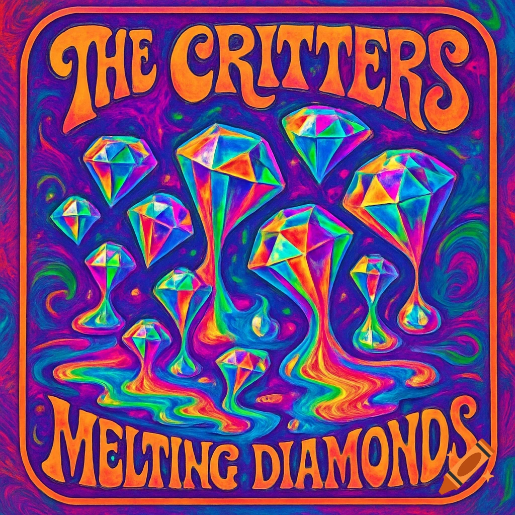 Vibrant psychedelic album cover with melting rainbow diamonds, 'The Critters' at the top and 'Melting Diamonds' at the bottom, on a swirling purple background.